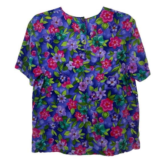 Vintage 90s Silk Floral Shirt Top Size 8 Petite Purple Pink - Picture 3 of 9